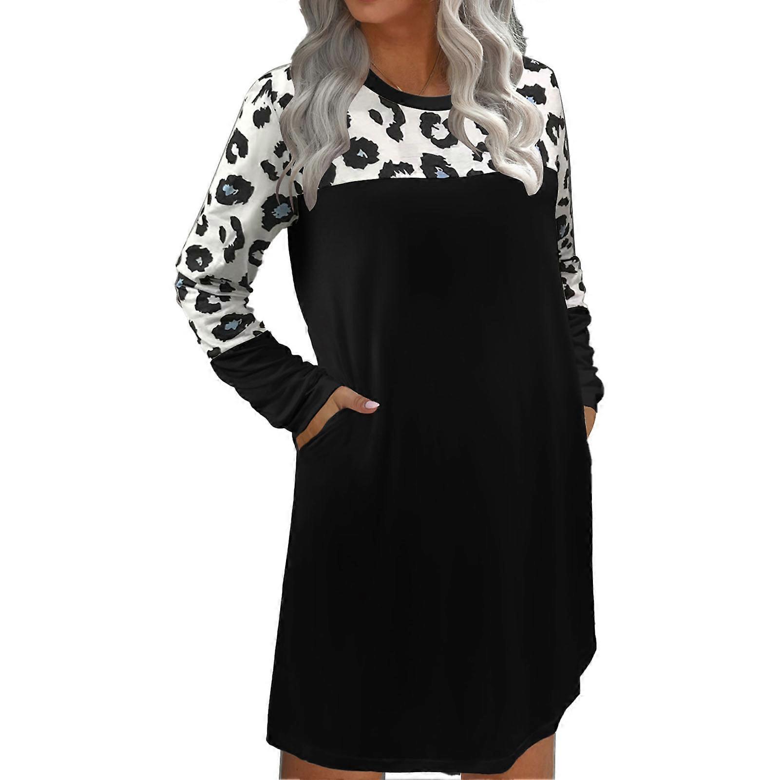 Abito da donna con scollo rotondo a maniche lunghe stampa leopardata Color Blocking Loose Comodo tasca laterale Abito femminile Nero S