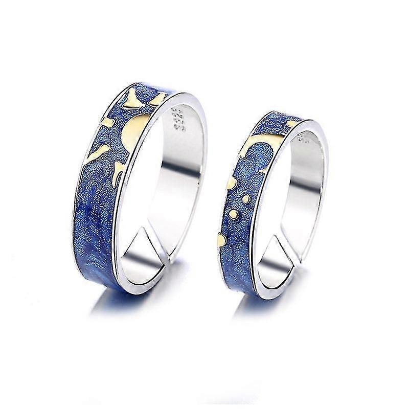 2pcs Van Gogh Blue Starry Sky Open Ring Star Moon Always Thinking You Lover Ring