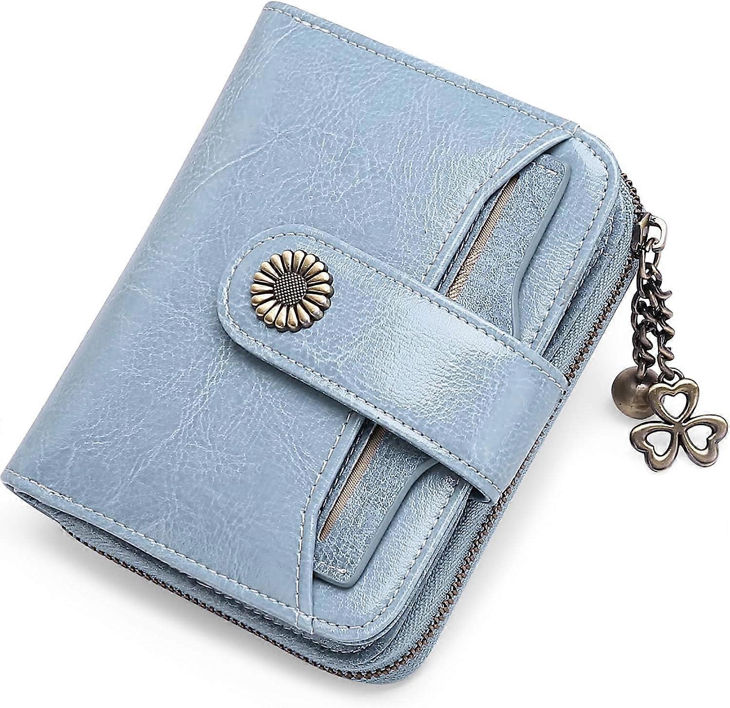 Light Blue Women's Wallet Short Leather Wallet Women's RFID Blocking Wallet Women's Small Zipper Wallet
