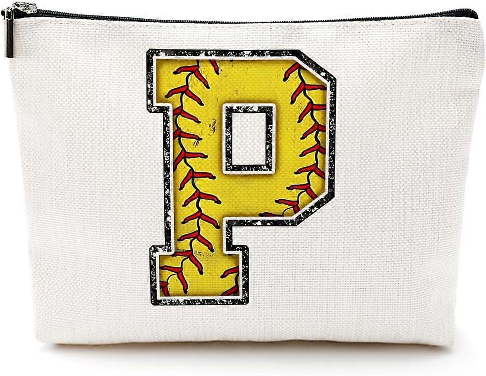 Softball Gaver Initial Sminke Veske Monogram Kosmetisk Veske Gul Bokstav P Glidelåspose Softball Tilbehør For Jenter Kvinner Softball Player Coach Fri