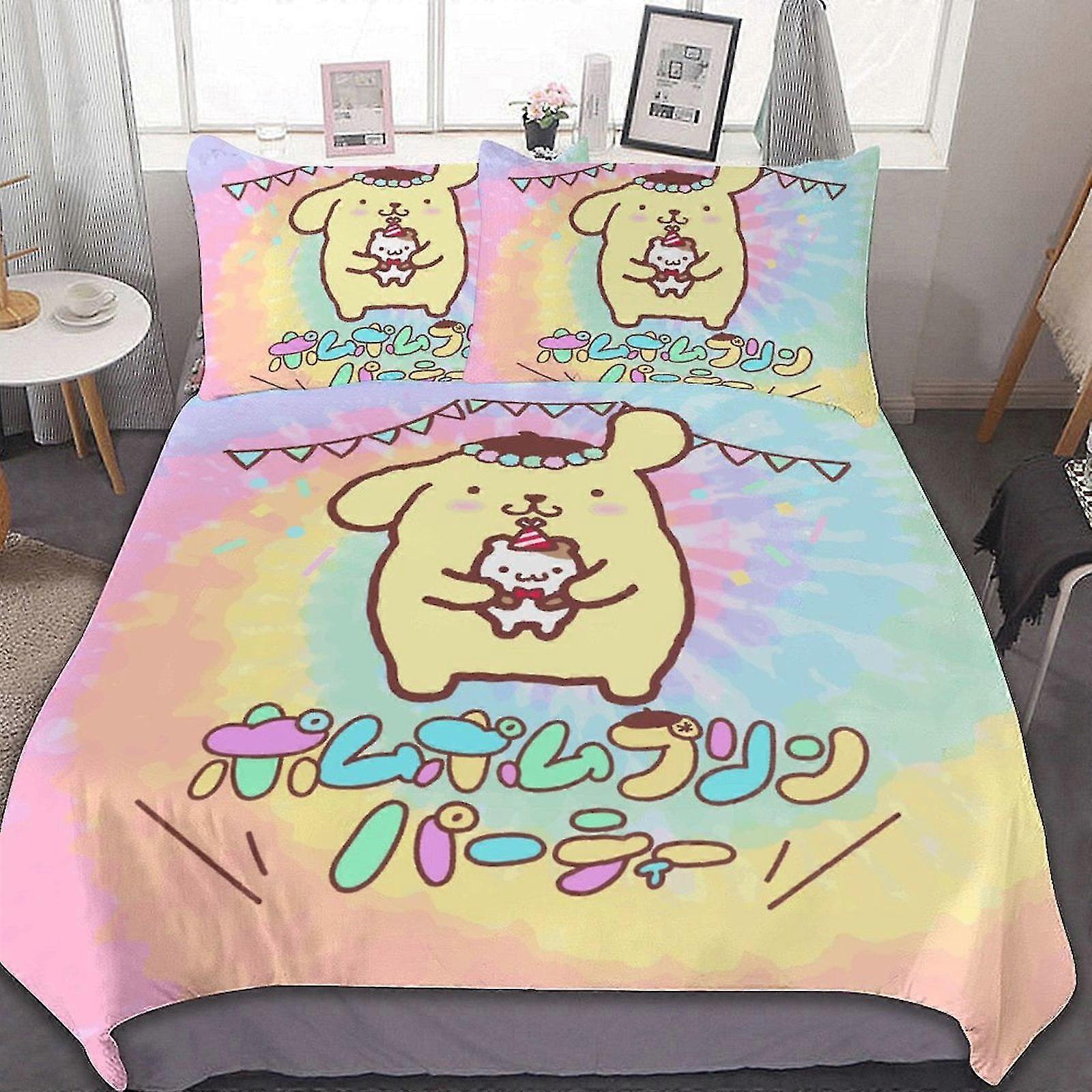o5662 Lençóis Sanrio Pompompurin Capa de Edredão de Cama Conjuntos de Cama de Microfibra Impressos em 3D Conjuntos de Edredom Leve de 3 Peças, 1 Capa de Edredão e 2 Travesseiros 