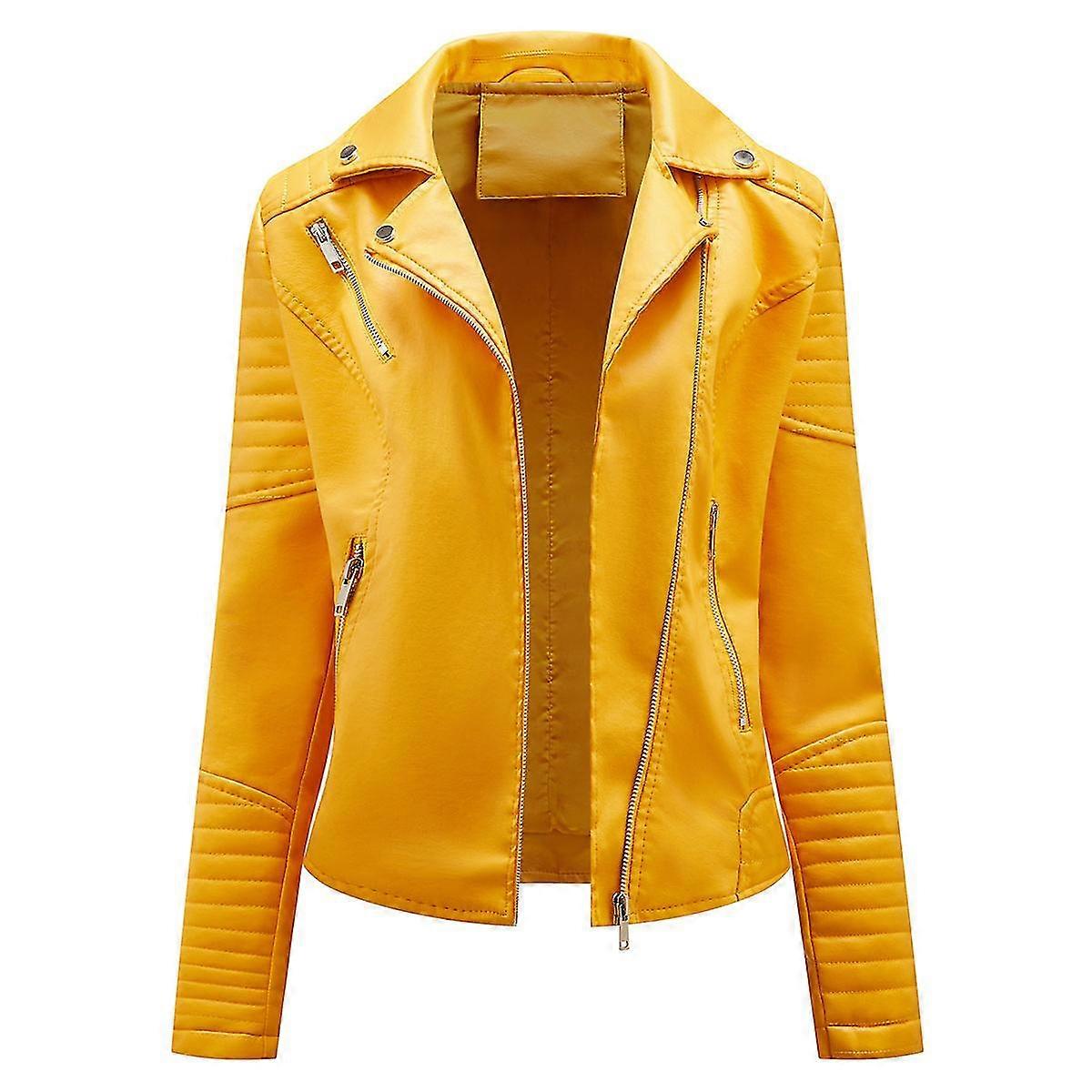 Naiwang Women's Solid Color Lapel Casual Cropped Slim Leather Jacket