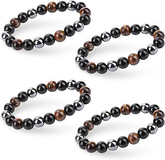 4pcs Triple Protection Bracelet, Tiger Eye Obsidian Hematite Elastic Bracelet Prosperity Hematite Obsidian Tiger Eye Stone Bracelet