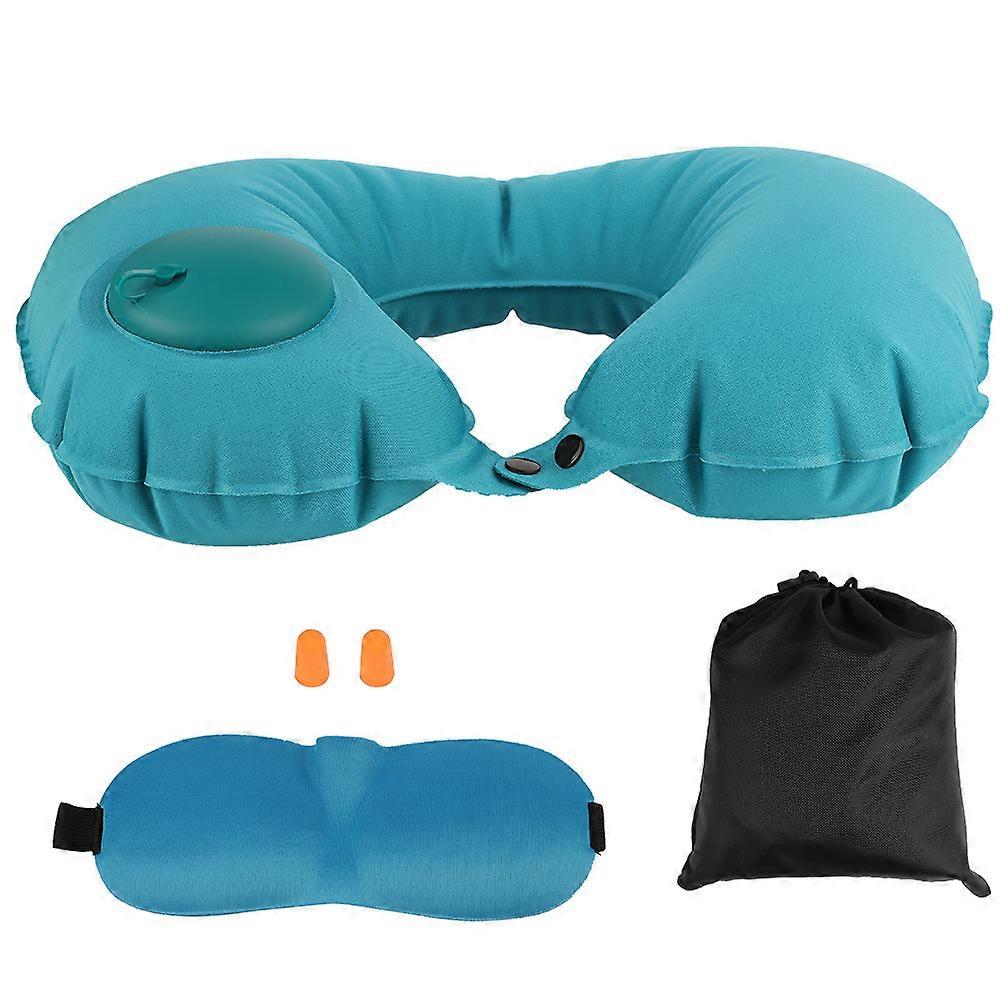 Multi-functional U Shape Neck Inflatable Pillow Travel Pillow+Eye Mask+Ear Plugs Set (Blue)