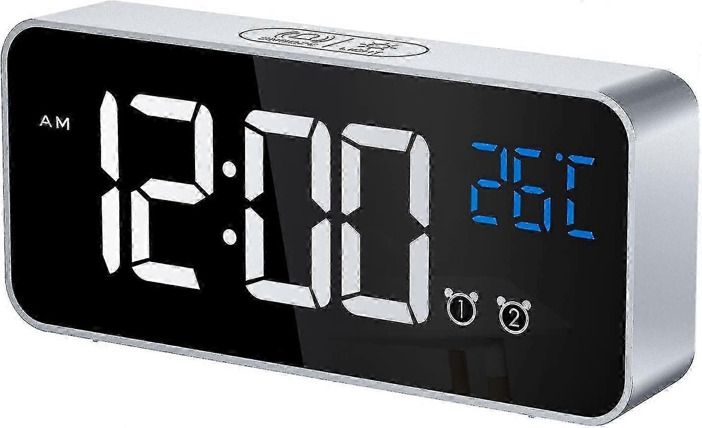 Digital Alarm Clock, Digital LED Clock Digital Alarm Clock Temperature/Snooze/2 Alarms/12/24 Hours/USB Charging Port/16 Music (Silver)