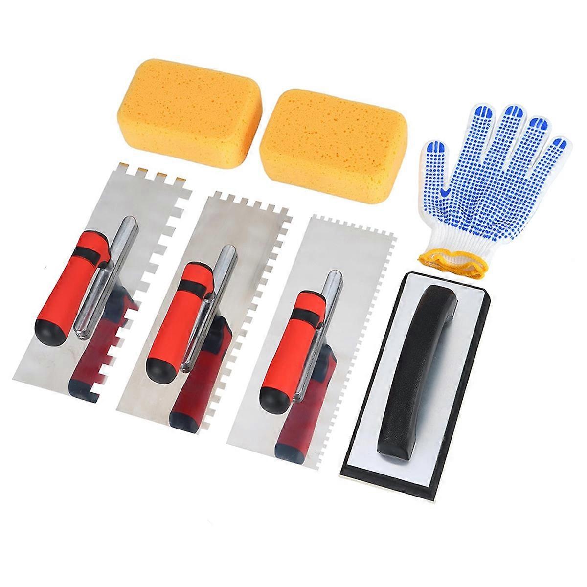 Squared Trowel 3pcs Set, with Rubber Grout Float,Grout Sponges and Work Gloves,Ideal for Cement, Co