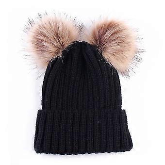 Womens Winter Double Pom Pom Beanie Fleece Lined Bobble Hat Knitted Faux Fur Pom