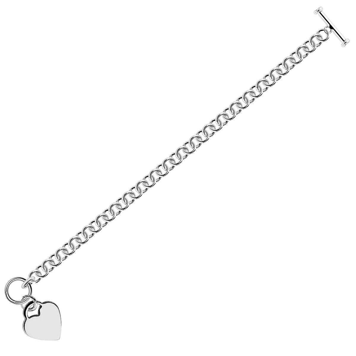 ハートチャーム付きスターリングシルバーロジウムメッキロロチェーンブレスレット