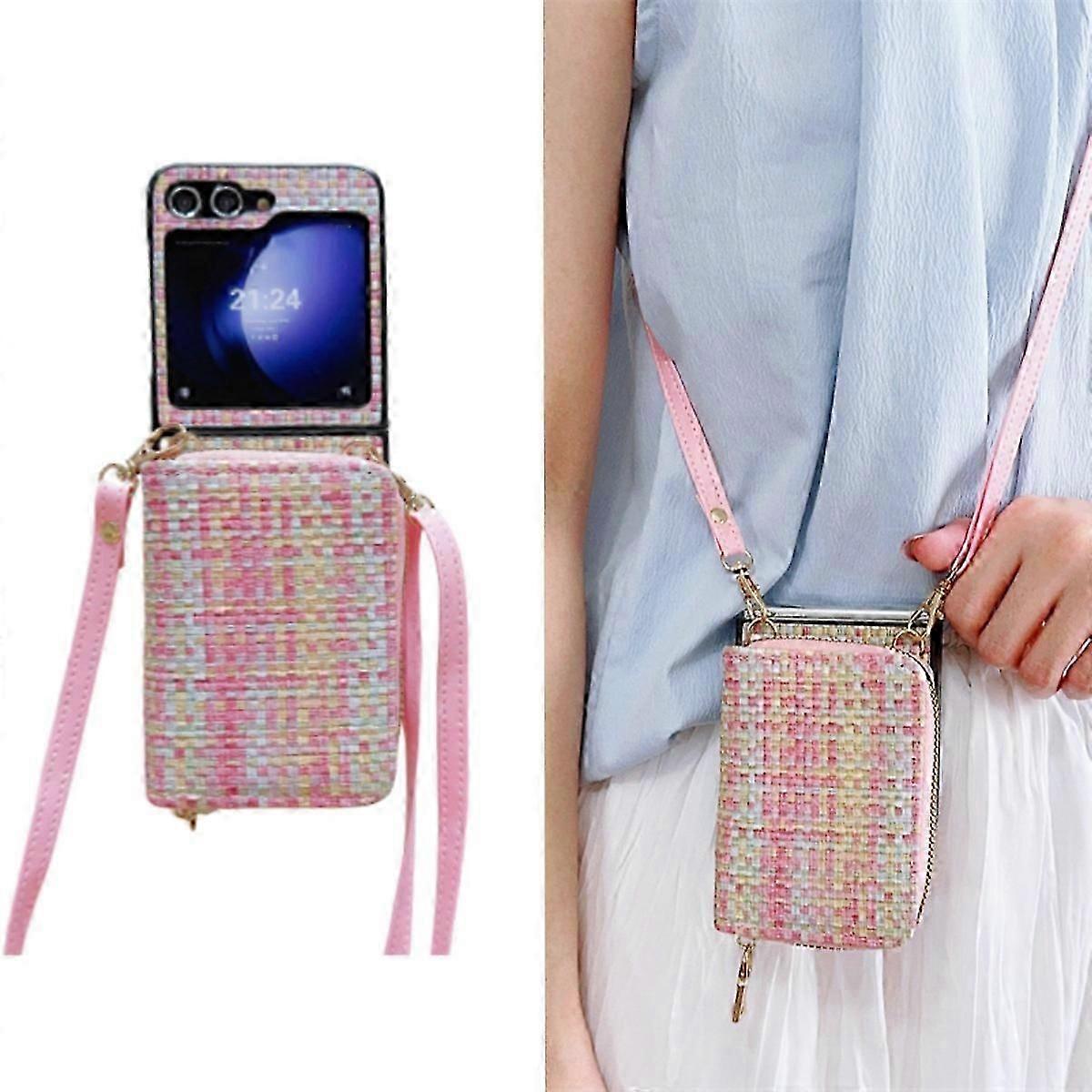 unique Wallet Case For Samsung Galaxy Z Flip 6, Hard PC Bumper Woven Pattern Leather Shockproof Case with Crossbody Strap & Card Holder