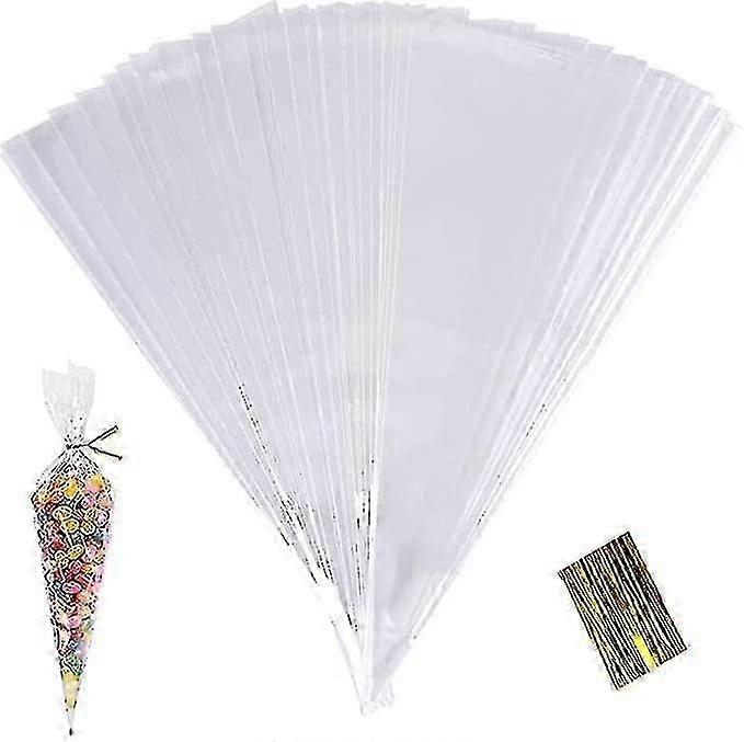 透明コーンバッグ 100個入り お菓子用セロハン製おやつバッグ 25x13cm プラスチック製キャンディ用三角バッグ ツイストタイ付き 食品用