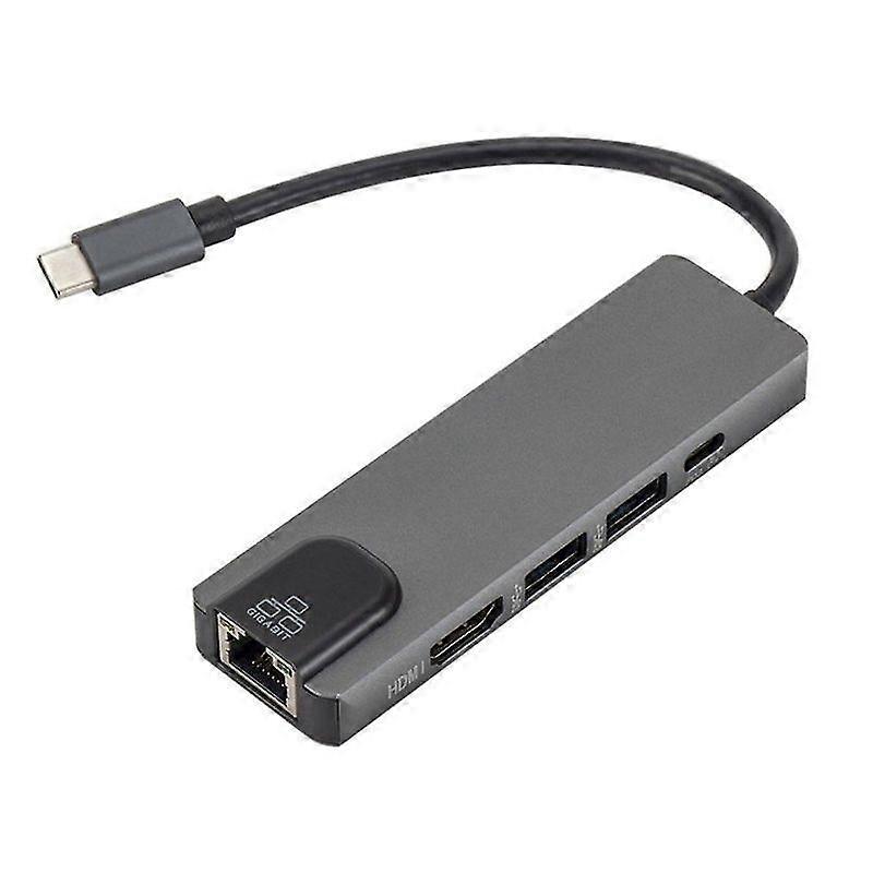 Type-c Docking Station To Hdmi+gigabit Network Card Computer Pd Charging Usb3.0 Hub Splitter 5 In 1