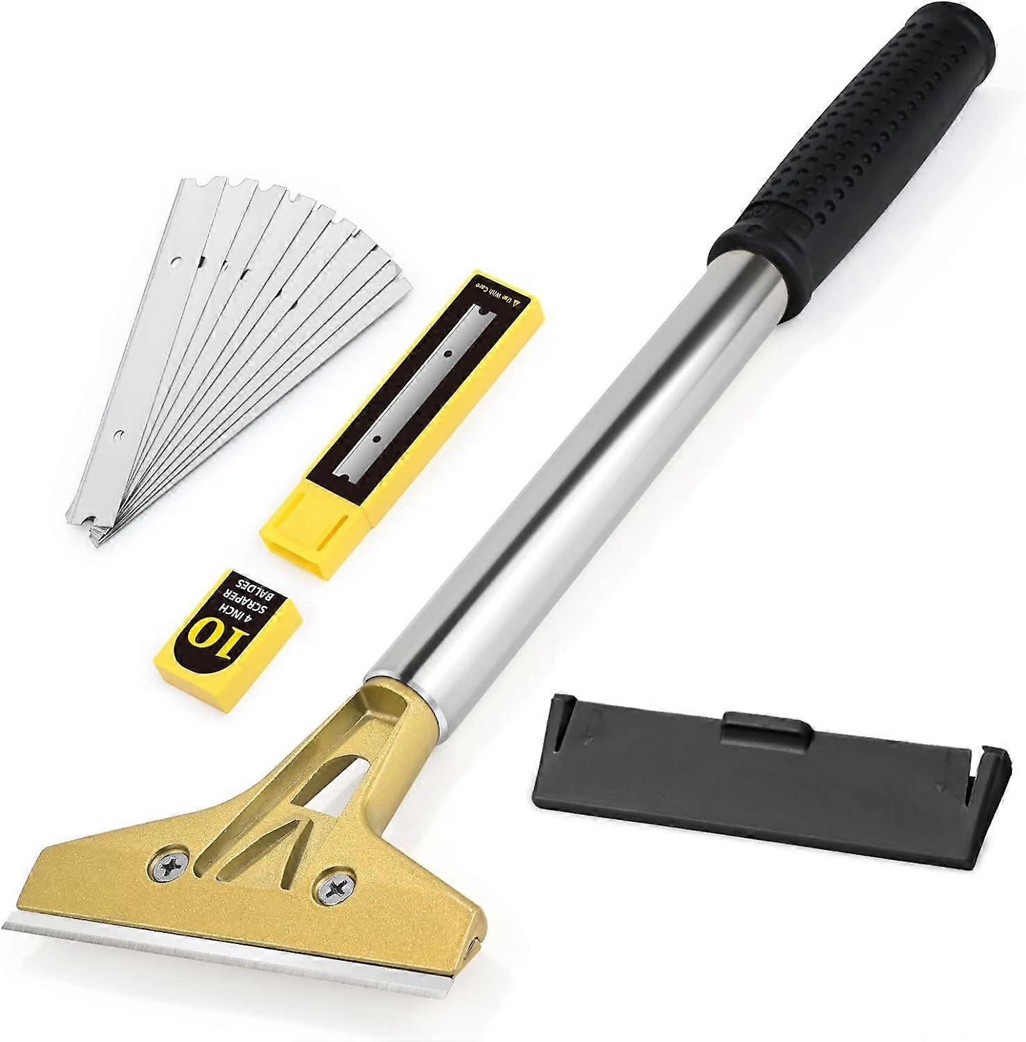 Window Scraper with 10 Blades, Paint Scraper with 13 inch Long Handle, 100mm Blades, for Tiles, Wallpaper, Glue, Mirror, Hob