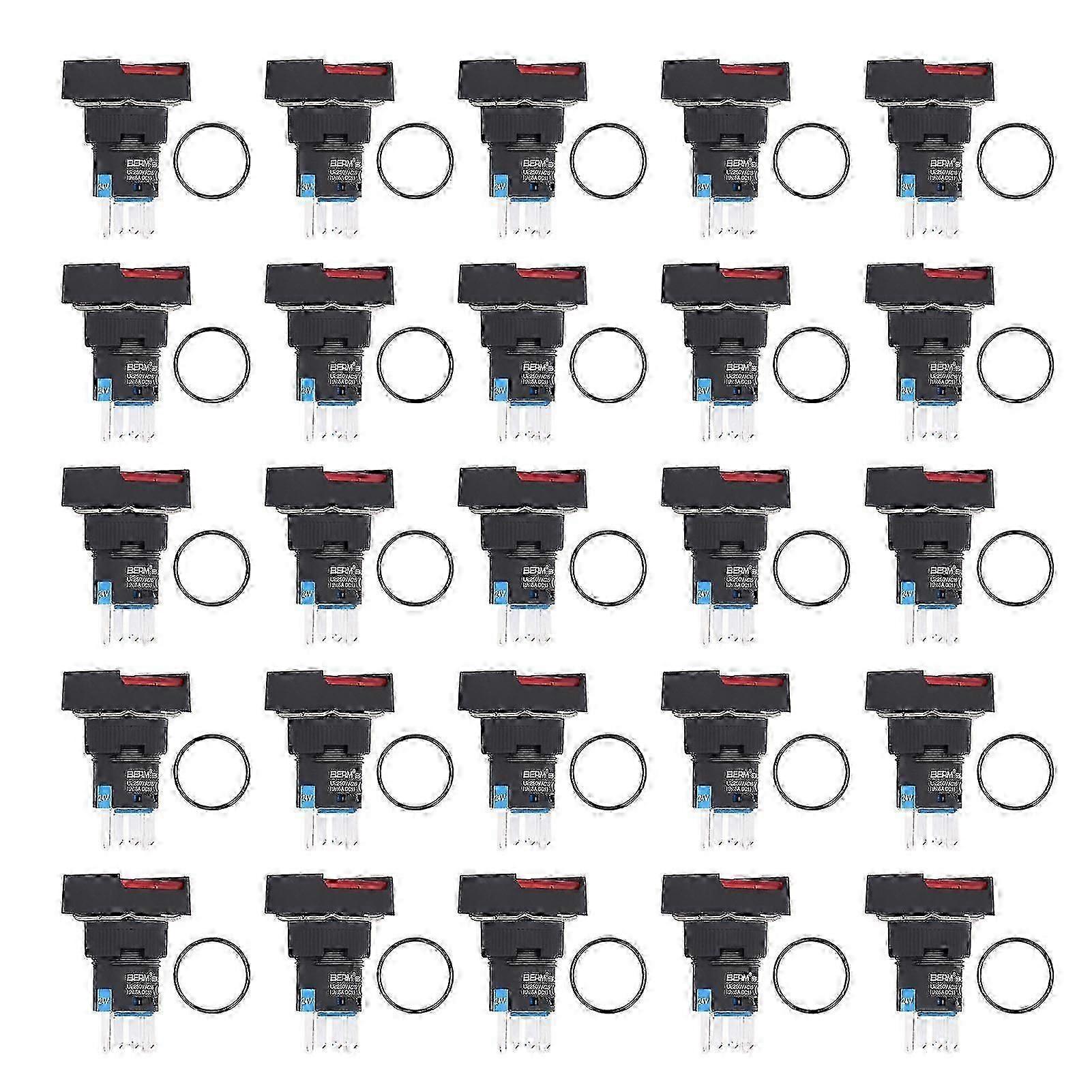 25Pcs Push Button Switch Self Locking Momentary 16mm Square with Light Set Kit 24VRed