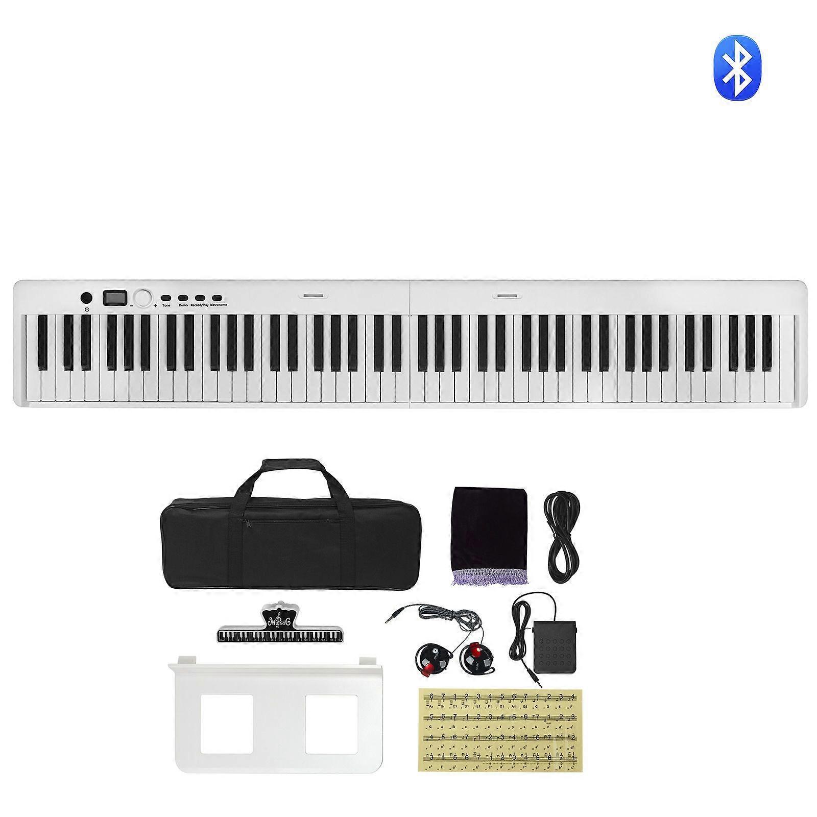 88 Key Folding Keyboard Piano, Portable Electronic Digital Piano with Sustain Pedal Bag Touch Sensitive Keys, Rechargeable, White