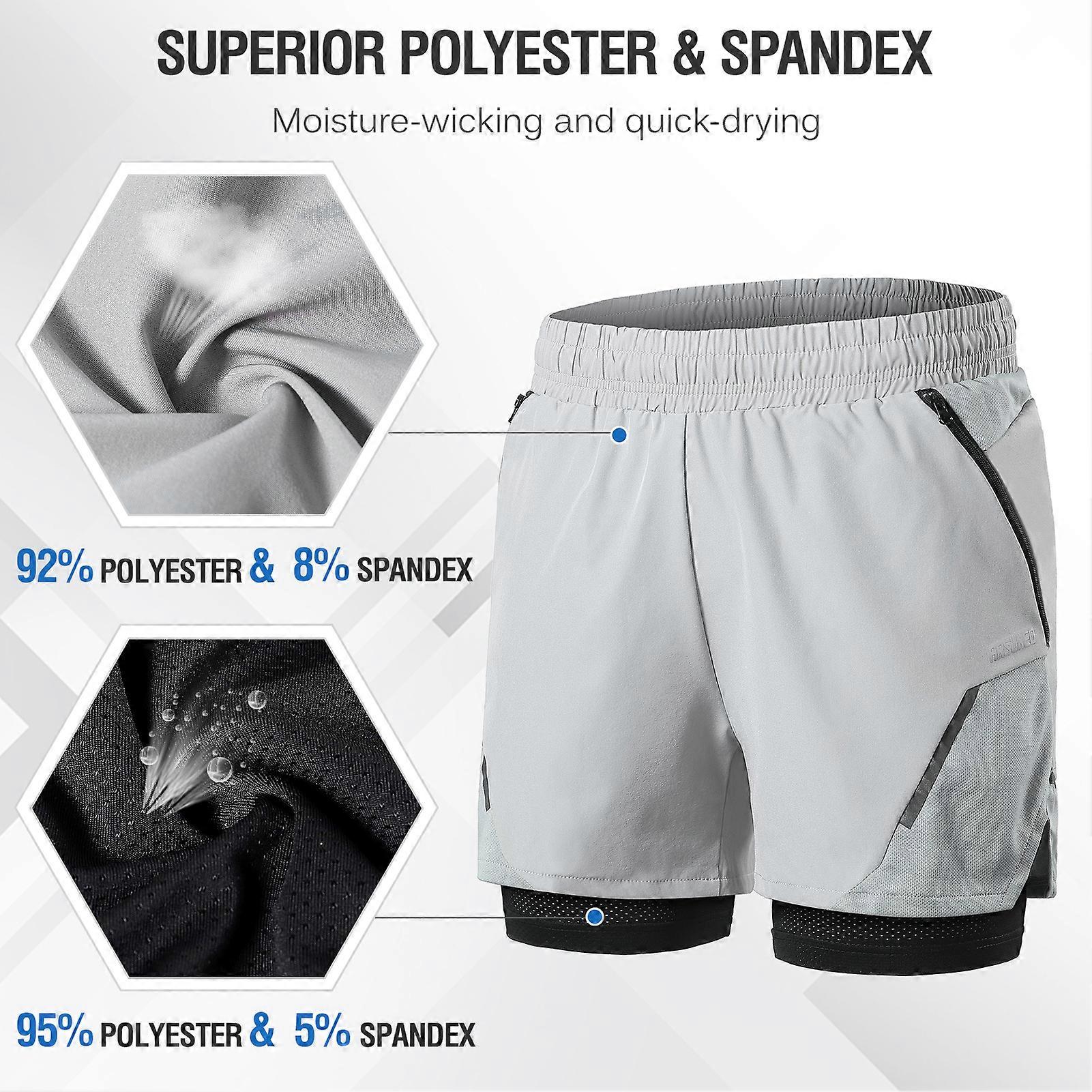 2-In-1 Men Running Shorts with Zipper Pockets Quick Dry Exercise Shorts for Training Gym Workout