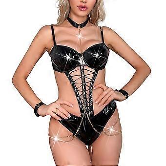 Women Lingerie Set With Underwire Patent Leather Lingerie Bodysuit Devil Horn Headband Choker Set Strappy  Lingerie Set  Black XL