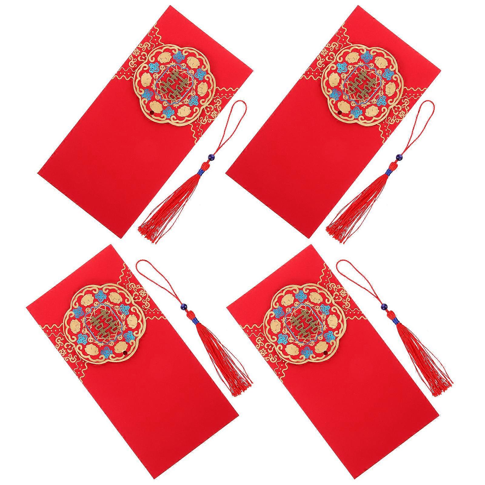 Lucky Money Envelopes Tassel Design Chinese Style Pattern Red 4Pcs
