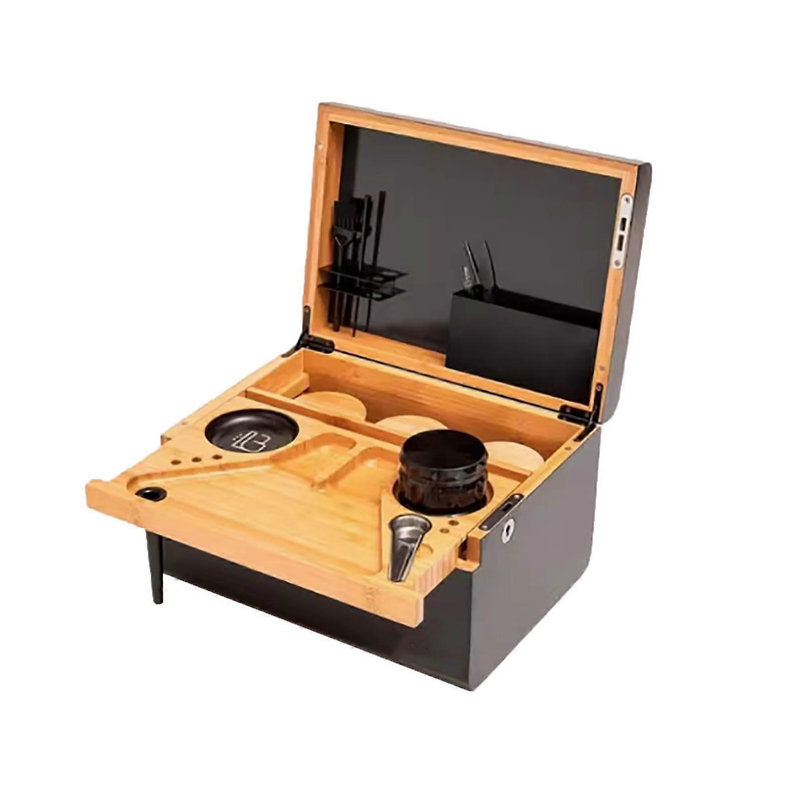 Bamboo Storage Box with Removable Rolling Tray and Lock, Black Herb Accessories Stash Box for Home Office, One Size