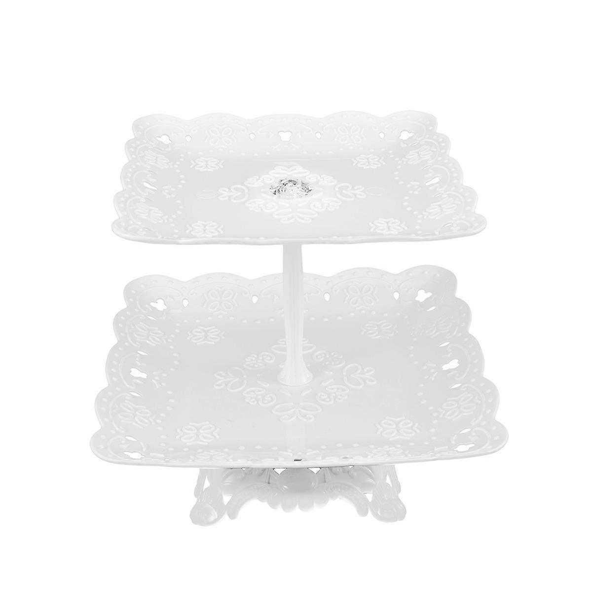 Square Cake Plate Party Dessert Table Decoration Double Layer Practical Stand White Color 1Set