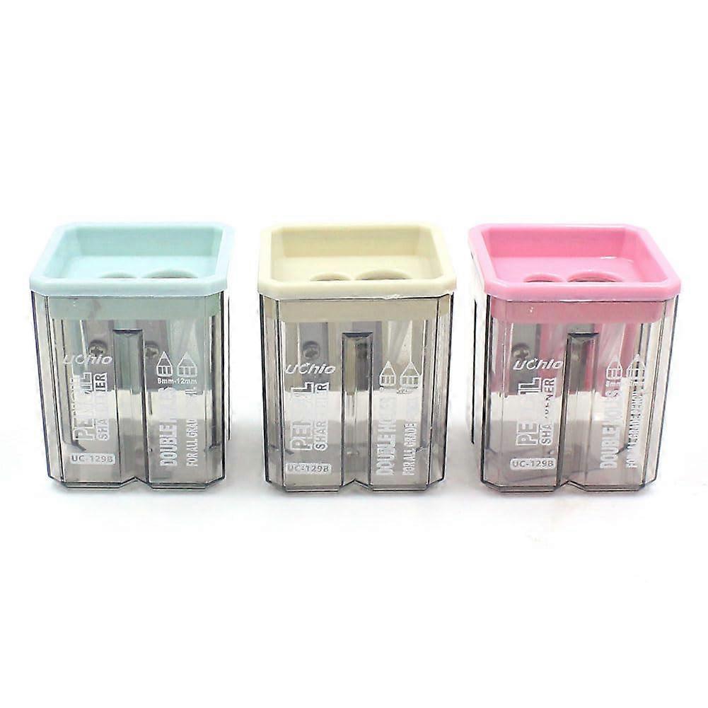 Manual Pencil Sharpeners Pack of 3 with Container, Double Hole, Sealed Blade, Protective Cover, Pink Green Beige