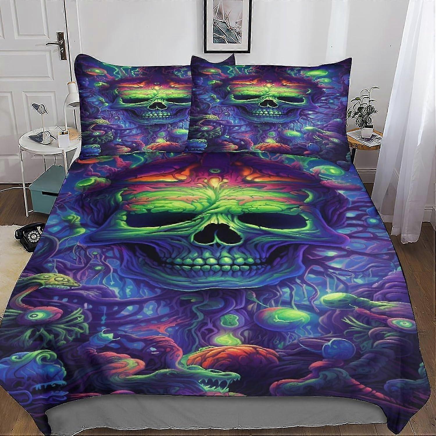 Conjunto de capa de edredom de caveira criativa - 3 peças de roupa de cama de microfibra macia para crianças com fecho de zíper