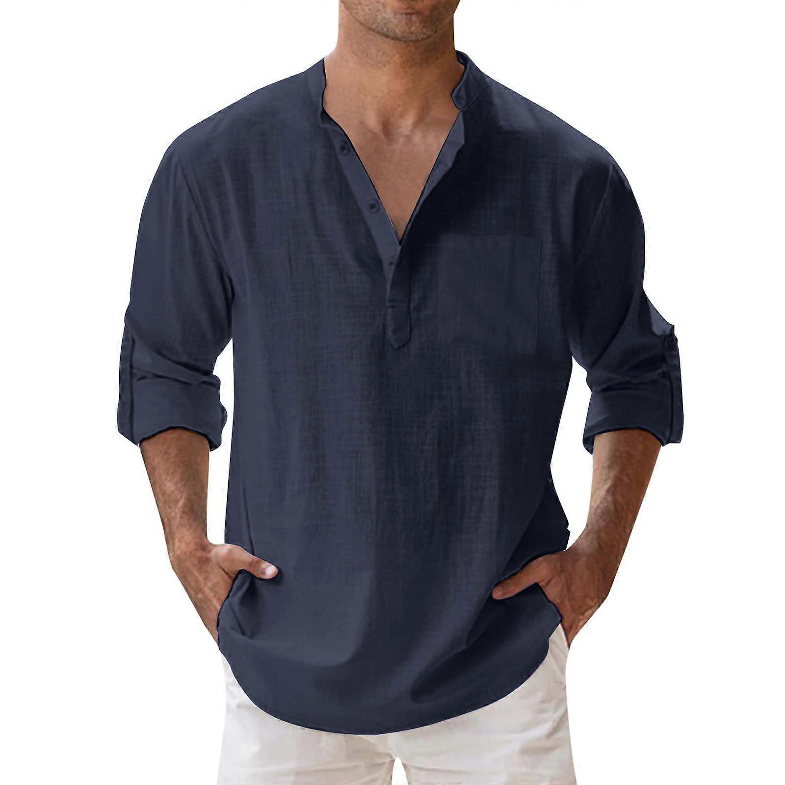 Linen Shirt Men's Long Sleeve Button Down Navy Solid With Pocket Casual Summer Style Size L