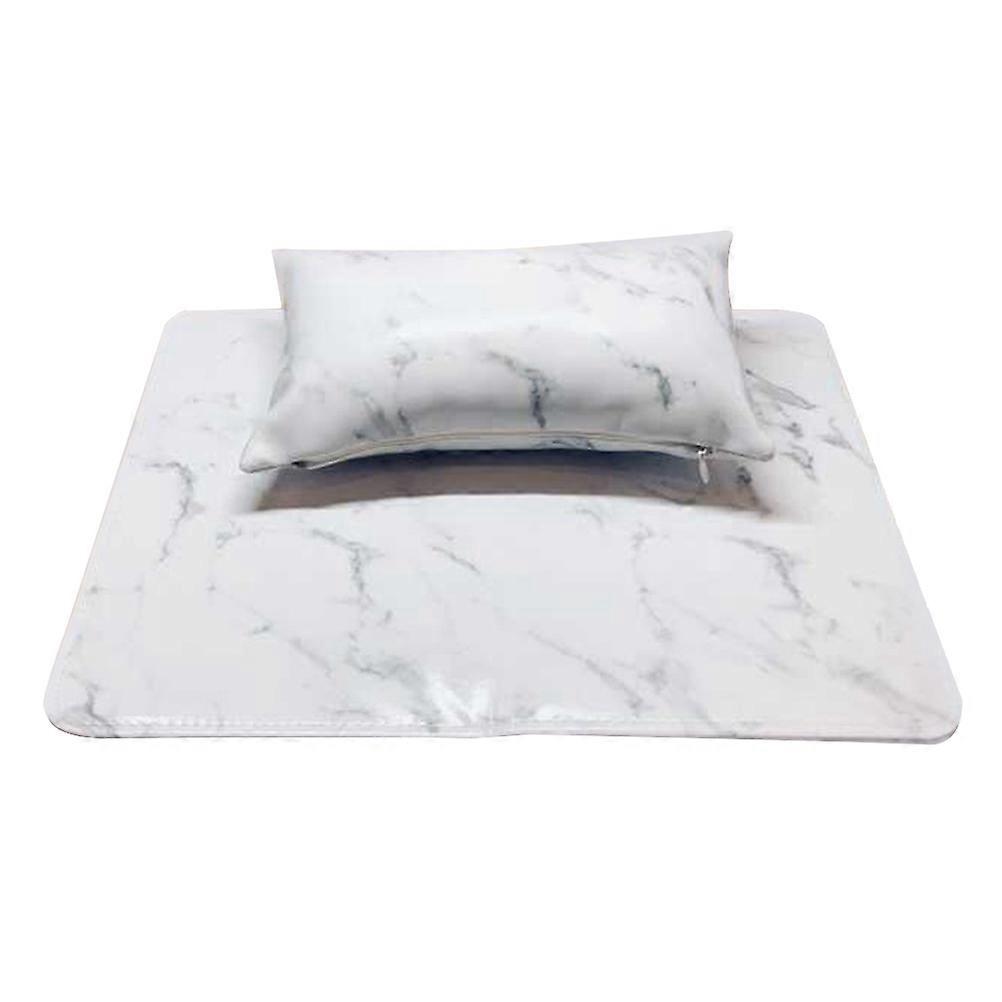 PU Hand Pillow & Portable Hand Pad Set – Non Slip, Dirt Resistant, Foldable Mat for Manicure Wrist Support, White Marble Pattern, for Salon & Home Use