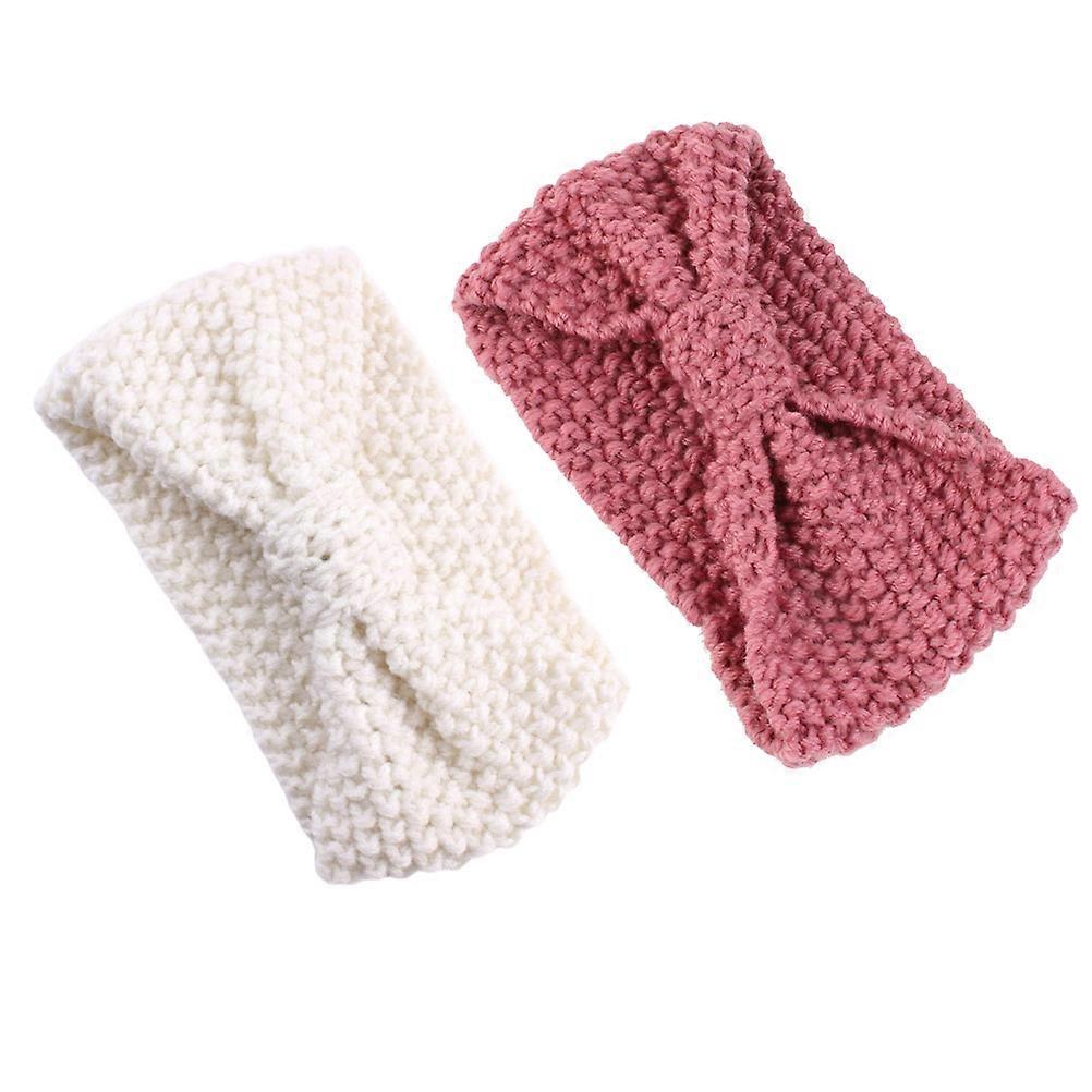 Crocheted Warm Bowknot Headwrap for Women – Soft Elastic Hairband in White & Pink – Stylish Comfortable Headwear Accessory
