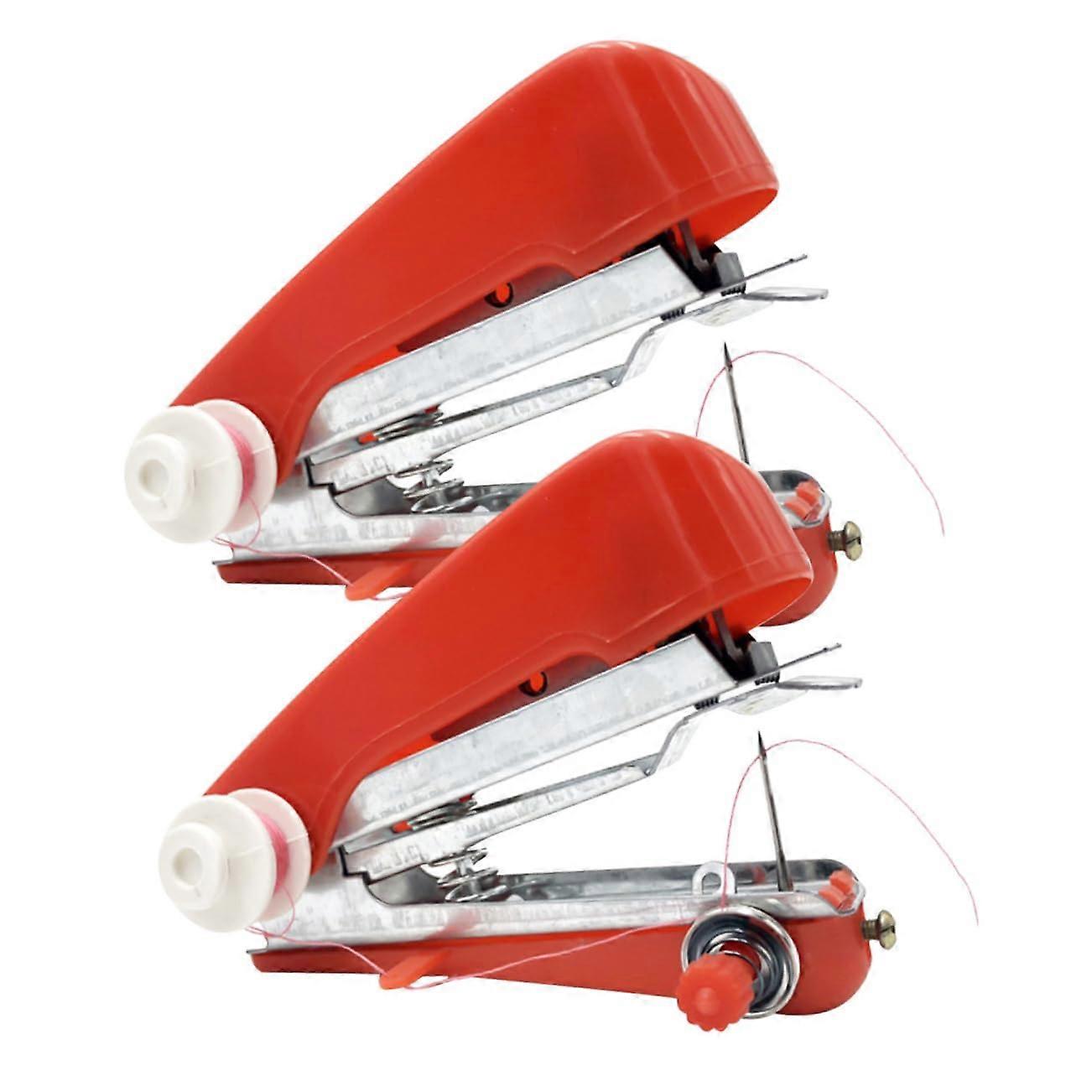 Mini Sewing Machine 2-Pack: Stapler Fasteners, Portable Hand Sewing Device, Denim Tool, Wireless Threader, Metal Red