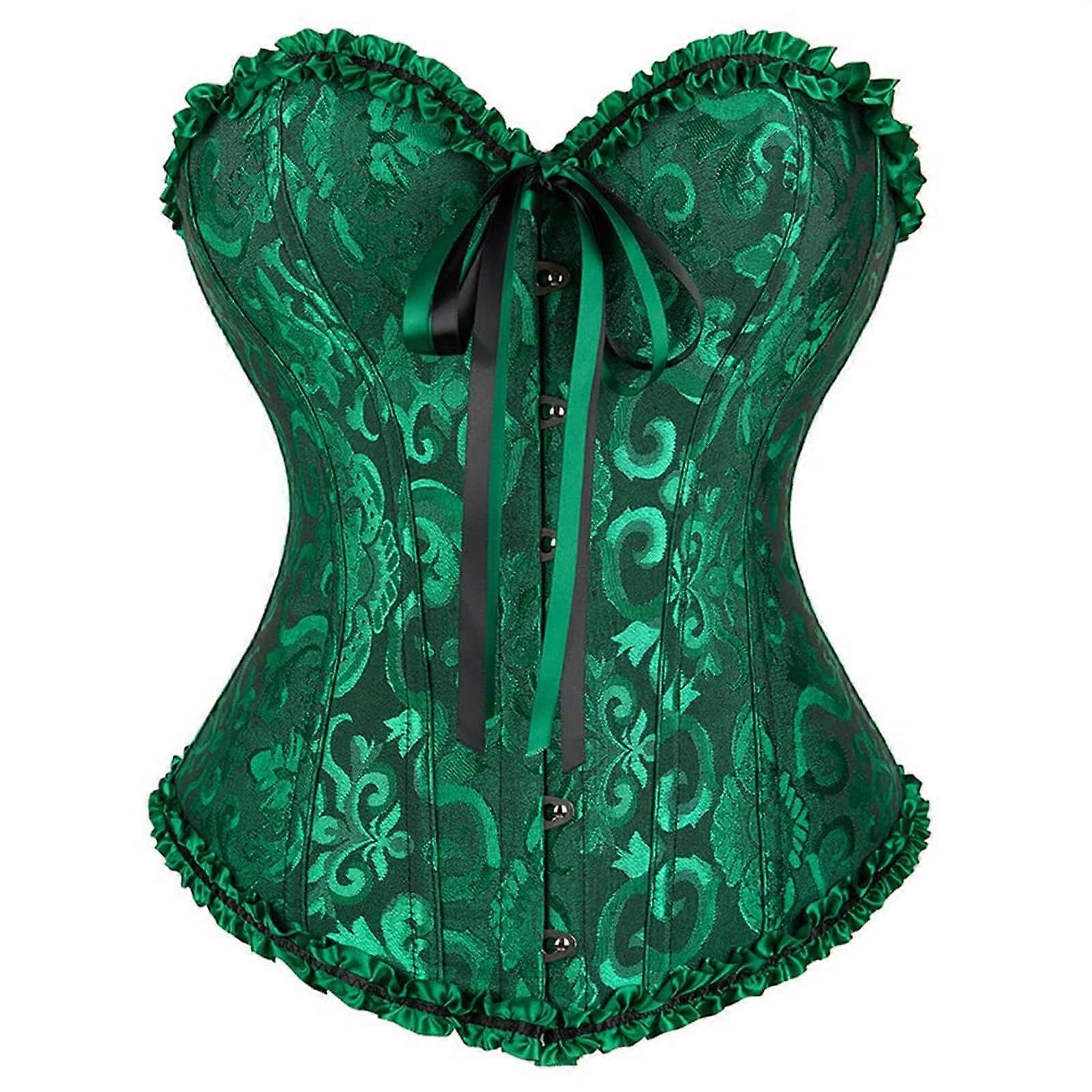 Women's Lace Up Corset Top with Straps, Vintage Floral Print, Gothic Bustier Crop Top, Black & Green, Size 6XL