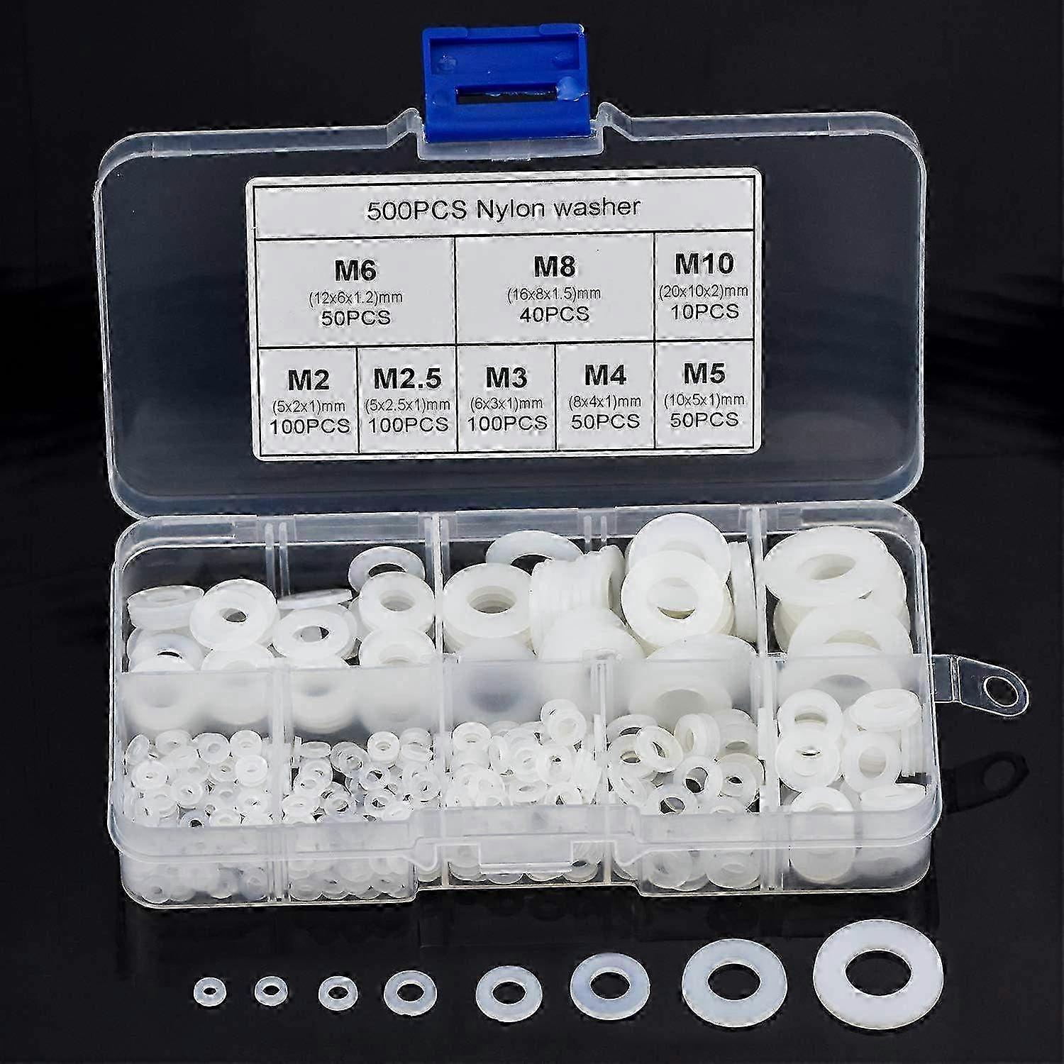 Pack of 500 Nylon Flat Washers & Spacers Assortment with Storage Box - Compatible with M2, M2.5, M3, M4, M5, M6, M8, M10 Sizes
