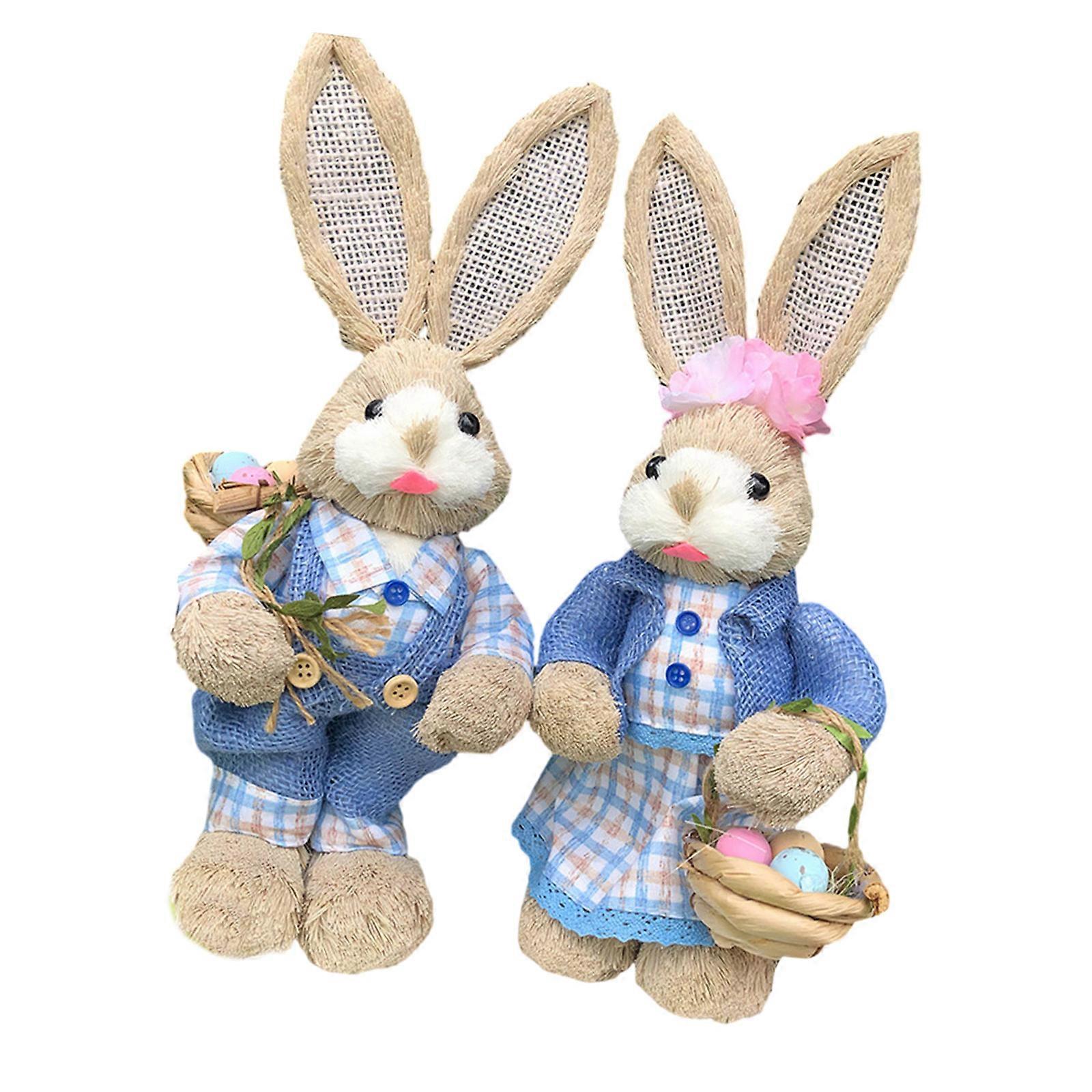 2pcs Easter Straw Rabbit Figurines Farmhouses Decorations Handcraft Straw Rabbit Sculptures For Festival Table Display Multicolor