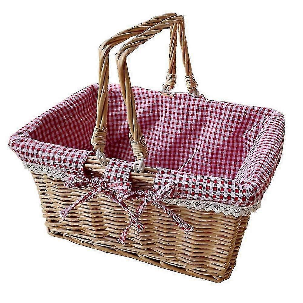 Woven Natural Wicker Picnic Basket with Double Handles and Cloth Lining