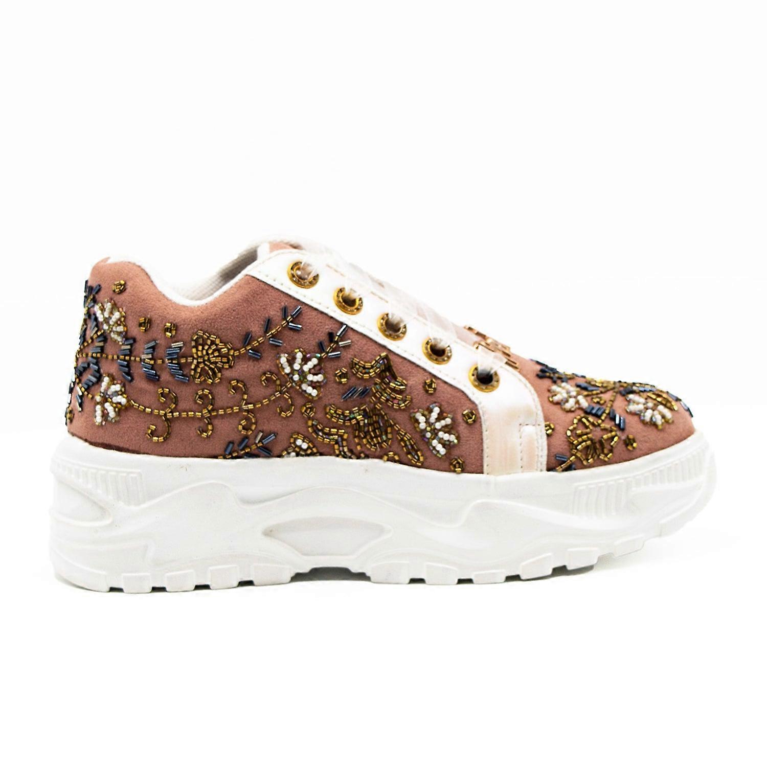Diana luxury pink suede handmade embellished trainers