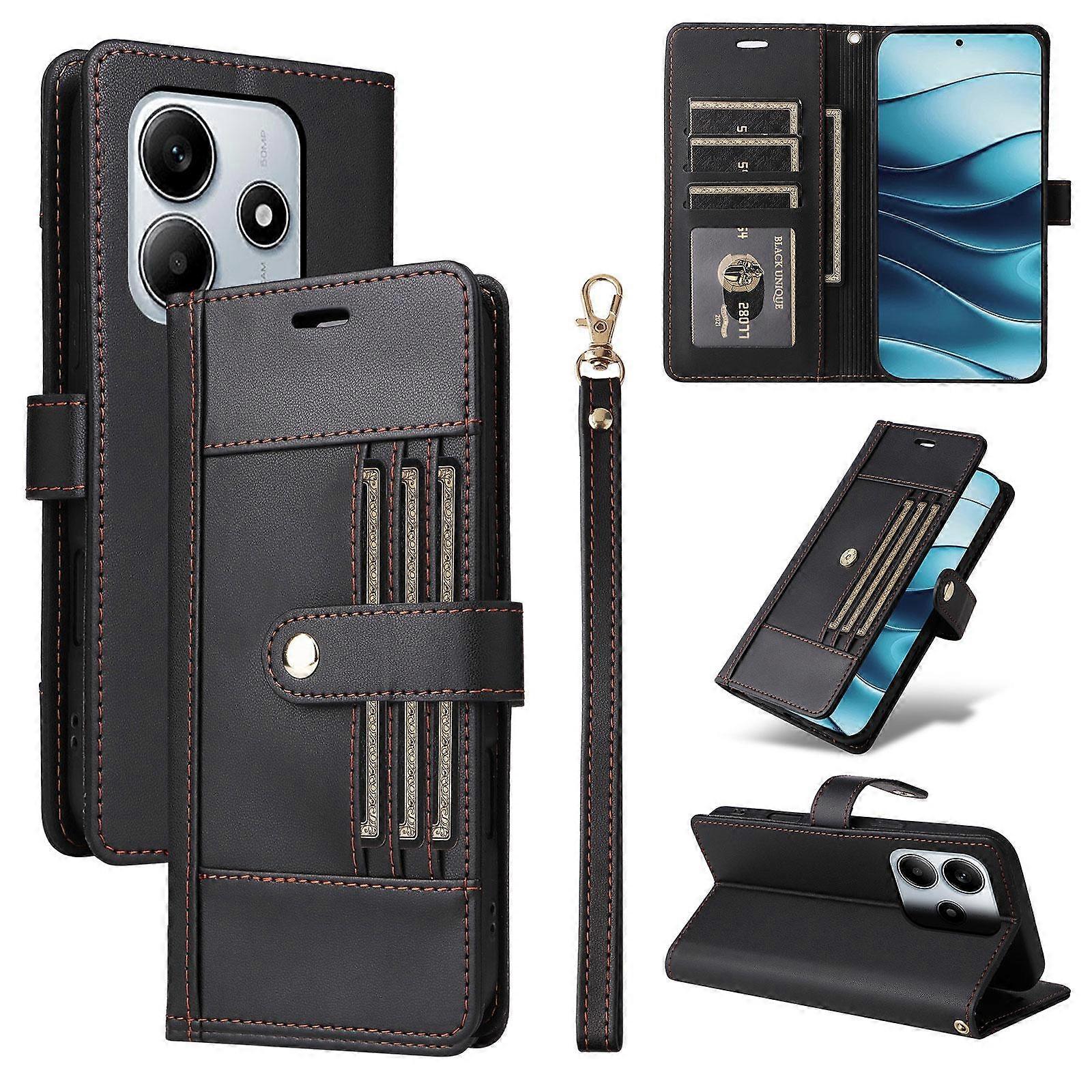 Six Card Slots Buckle Leather Phone Case with Lanyard