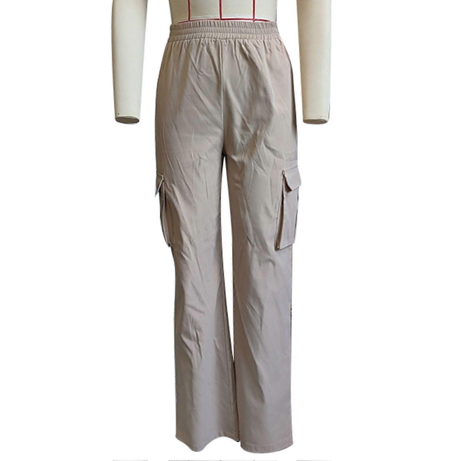 Women Pocket Casual Straight Pants Elastic High Waisted Loose Fitted Trousers for Dating Khaki XL