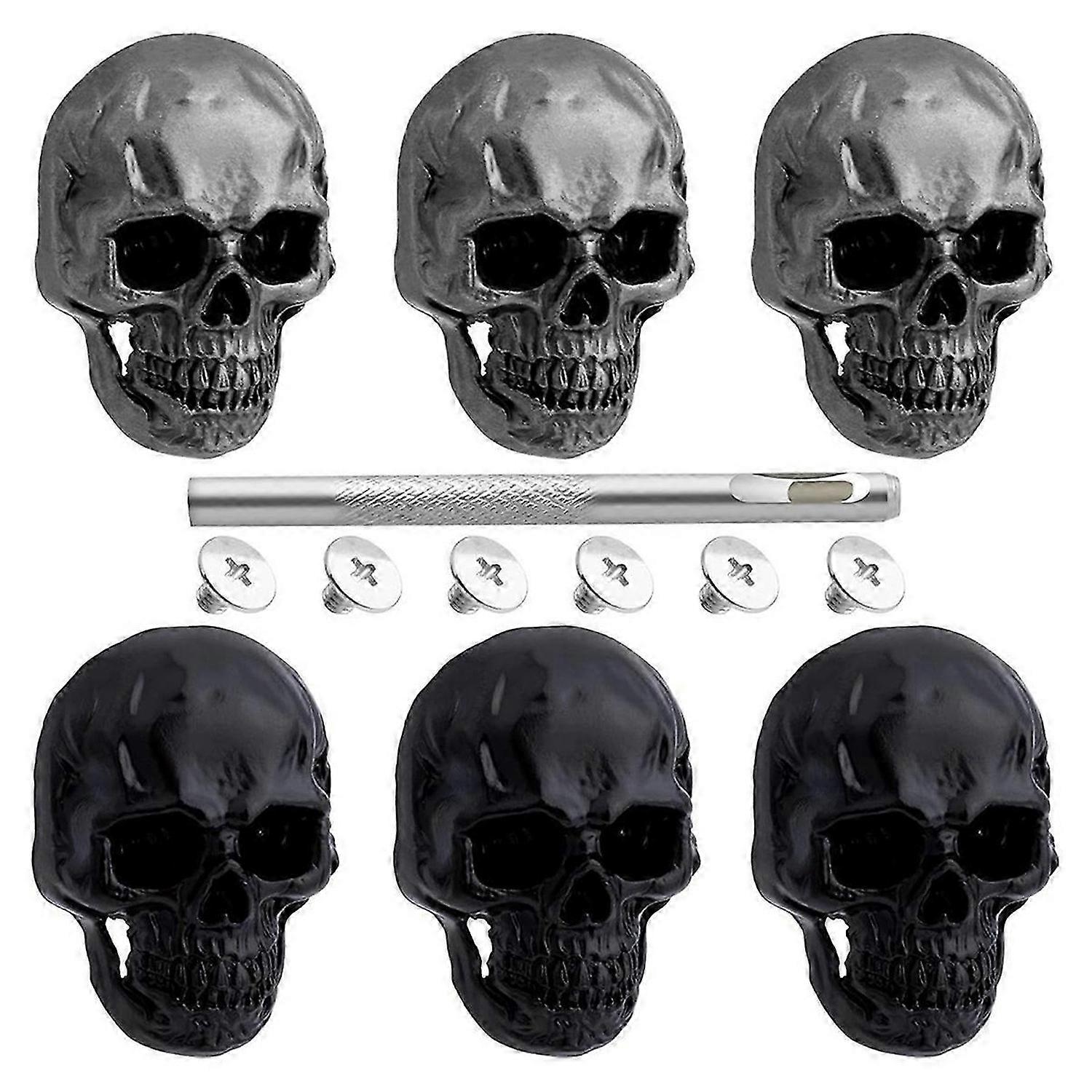 6pcs Skull Rivets Studs for Clothing, Gothic Style Skull Head Buttons Screws with Drilling Tool, 3D
