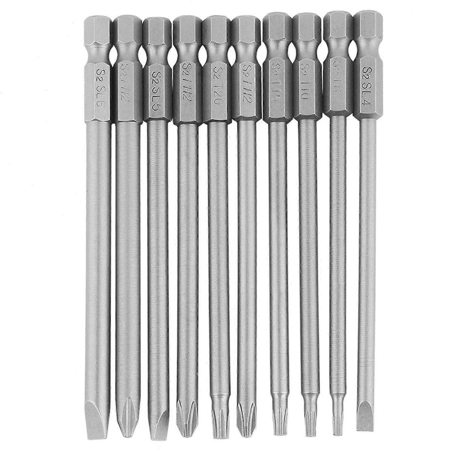 10Pcs 100mm 1/4" Hex Shank Magnetic BST Screwdriver Bits Set (Slotted+Cross Security Star )