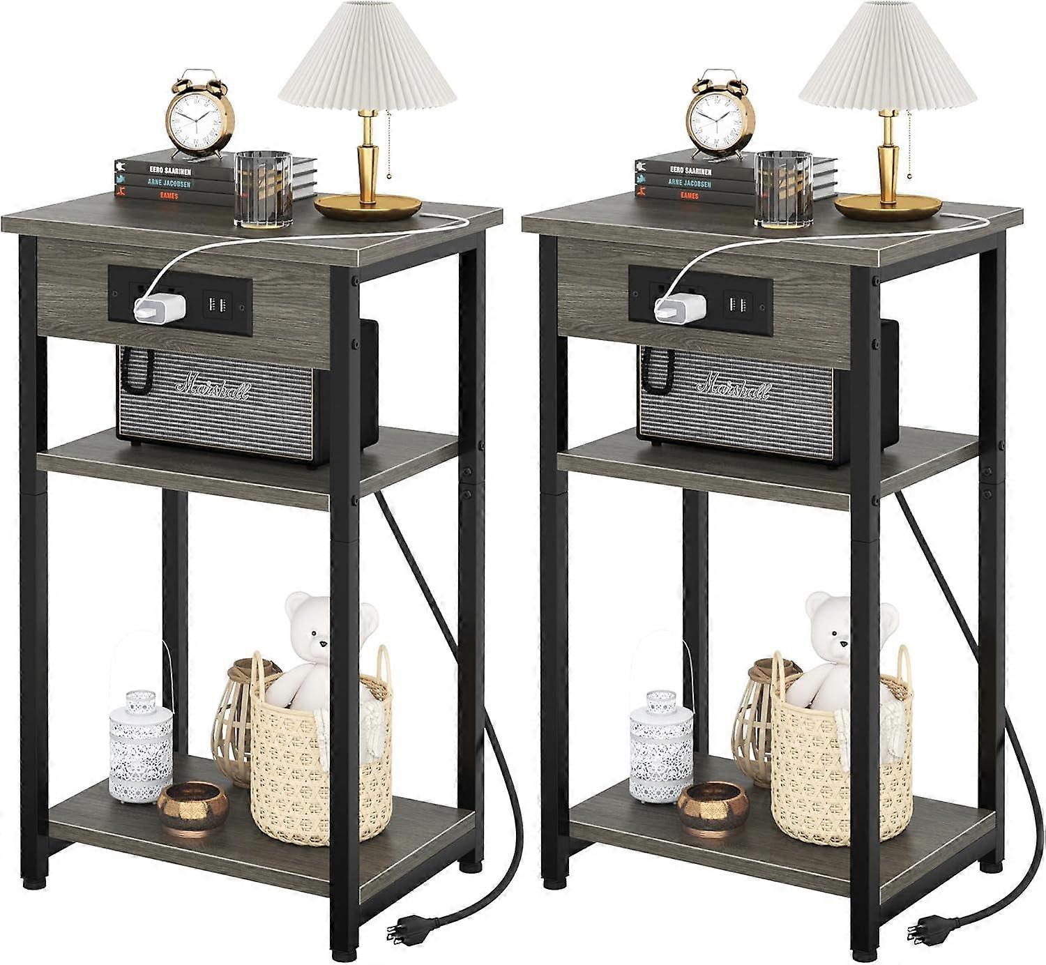 End Tables Set of 2 with Charging Station USB Ports, 3-Tier Tall Night Stand, Storage Shelves, Narrow Side Table for Small Spaces, Gray