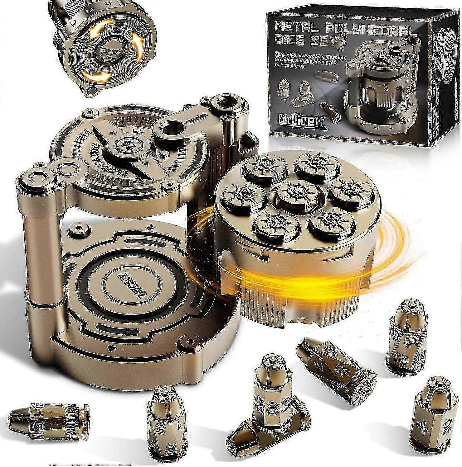 Metal Polyhedral Bullet Dice Set of 7 with Spinning Revolver Cylinder Container - Cyberpunk Style Metal Dice for Warhammer 40K, D&D Pathfinder, War or