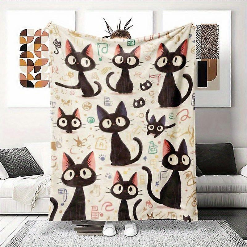 Cozy Black Cat Print Flannel Blanket - All-Season Soft Bedspread with Tabby & Tuxedo Cats, Paw Print & Bone Patterns, Pl-dfghj148