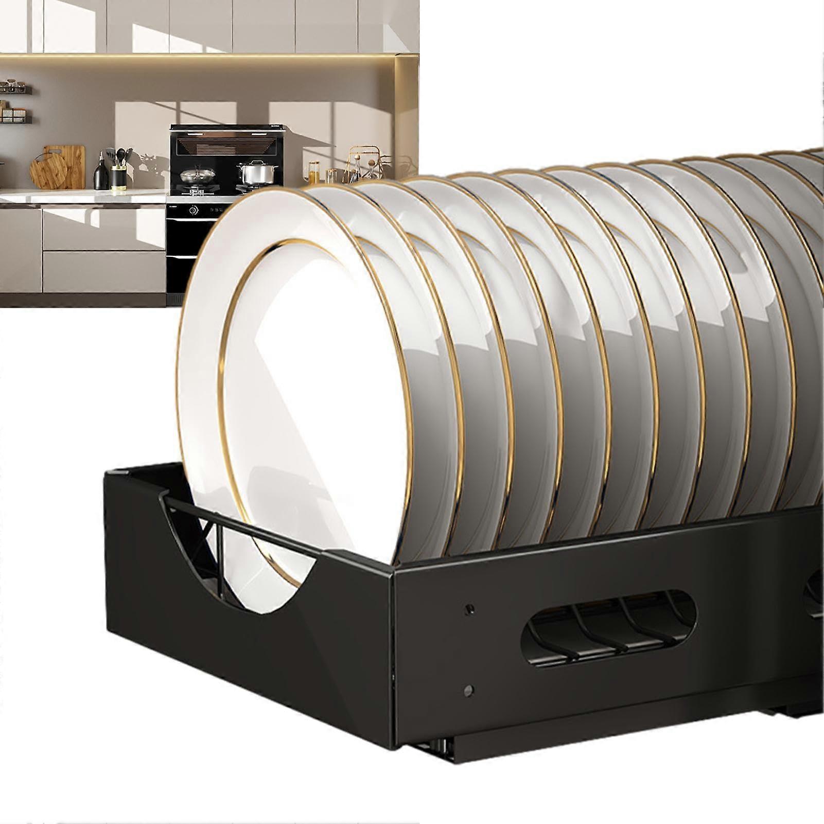 Kitchen Cabinet Pull Out Sliding Plate Rack with Storage Shelf for Drawer Organization Black