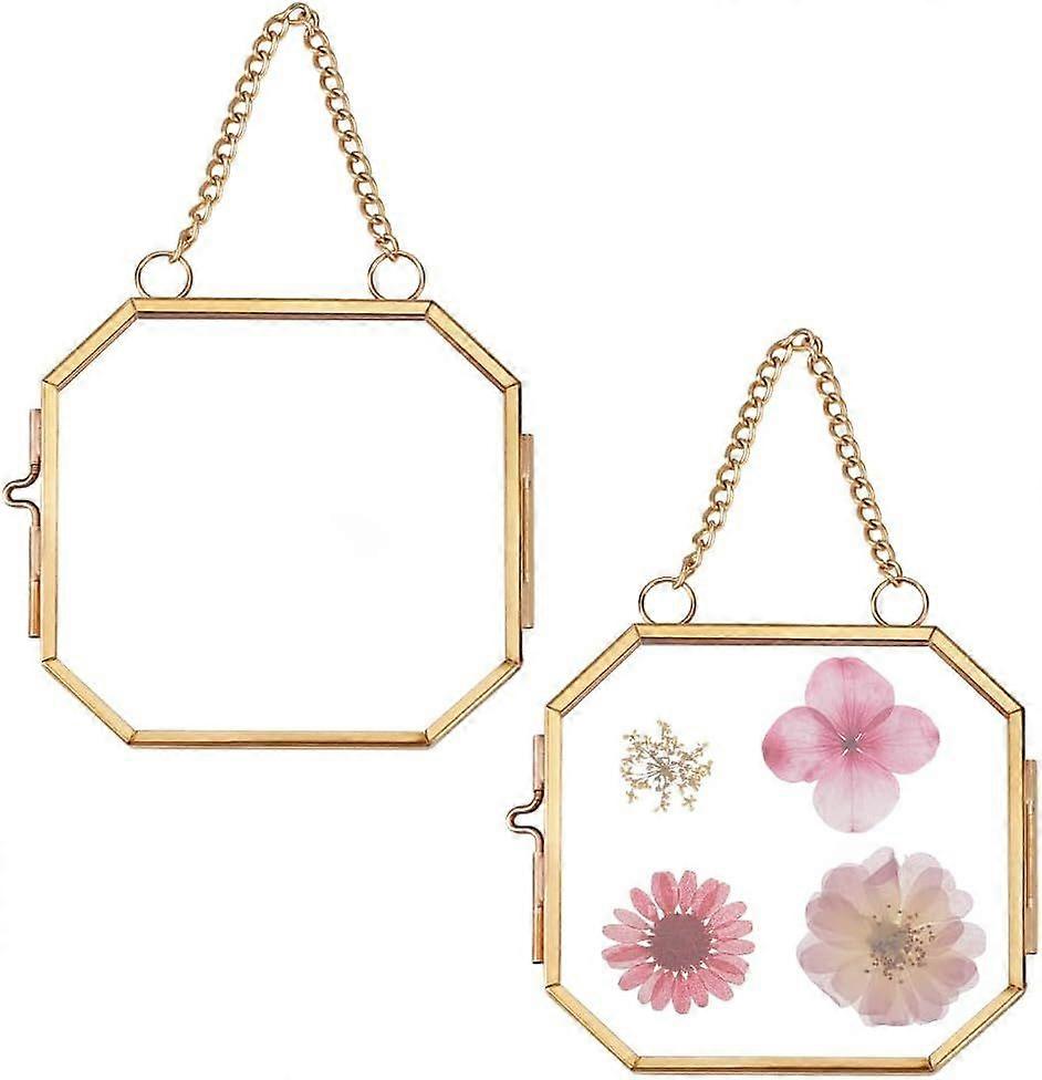 2pcs Mini Hanging Glass Frame 3 Inch Wall Hanging Photo Frames Octagon Double Glass Picture Frame with Chain Brass Frame DIY Artwork Display Frames fo