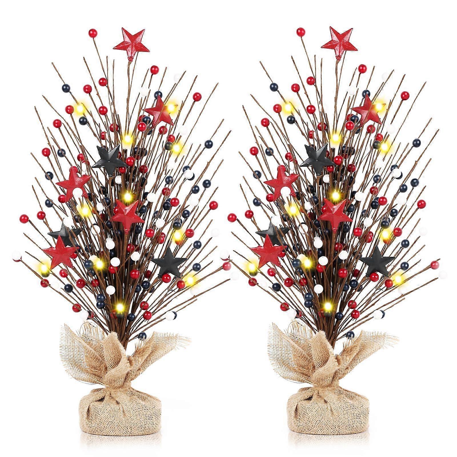 2 Pack 22in Patriotic Tabletop Tree with LED Lights for 4th of July Independence Day Centerpiece