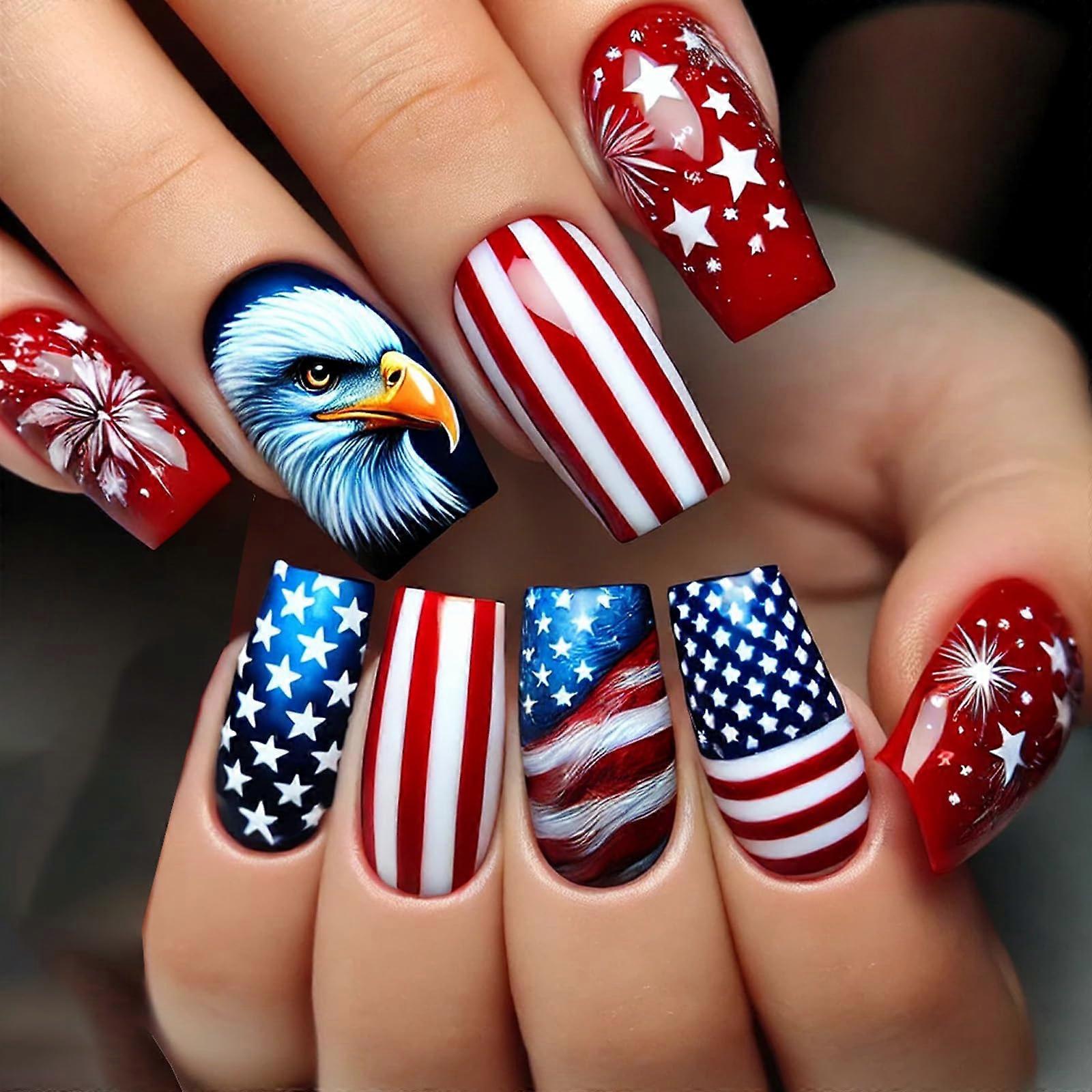 24 Pcs Medium Square Press On Nails Independence Day Flag Design Acrylic Full Cover False Nails