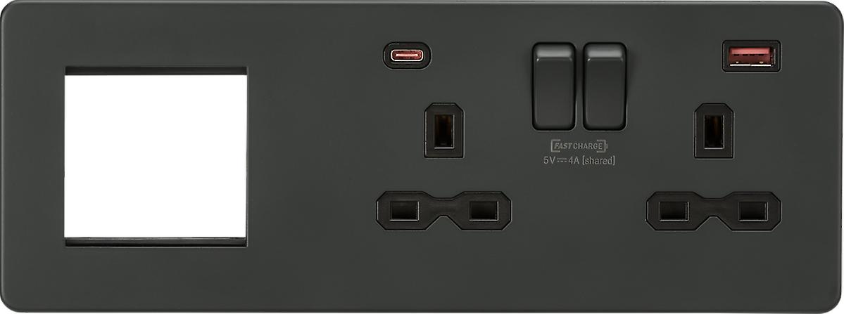 Screwless 13A 2G DP Socket with USB Fastcharge + 2G Modular Combination Plate - Anthracite 230V IP20