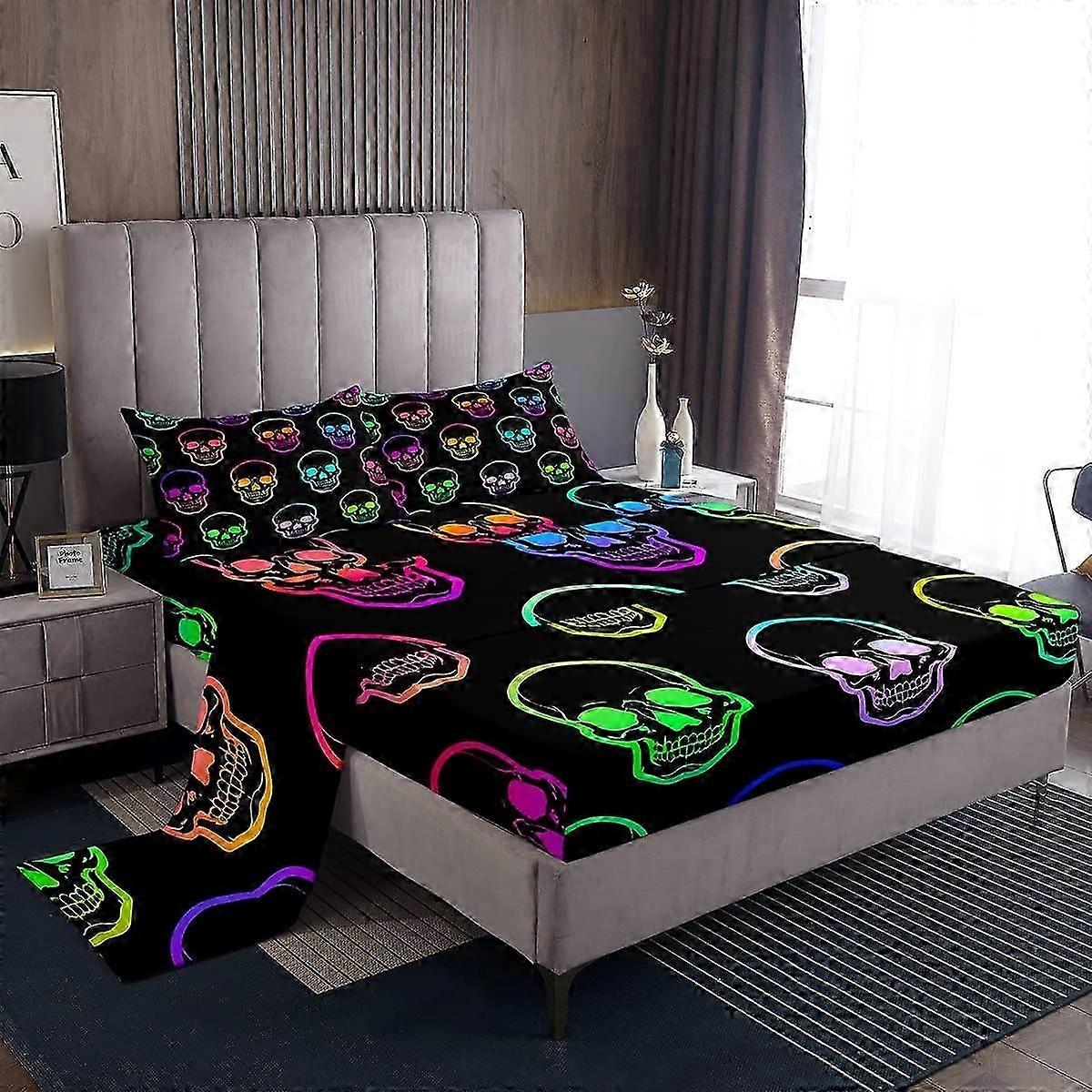 Death Skull Sheets Queen Set - Halloween Themed Microfiber Skeleton Bed Sheets with Fitted Sheet & Pillowcase, 4pcs