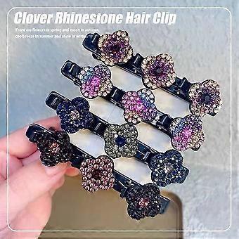 8PCS Satin Fabric Hair Bands-Sparkling Crystal Stone Braided Hair Clips, Four-Leaf Clover Hairpin Duckbill Clip, Clover Rhinestone Hair Clip for Women