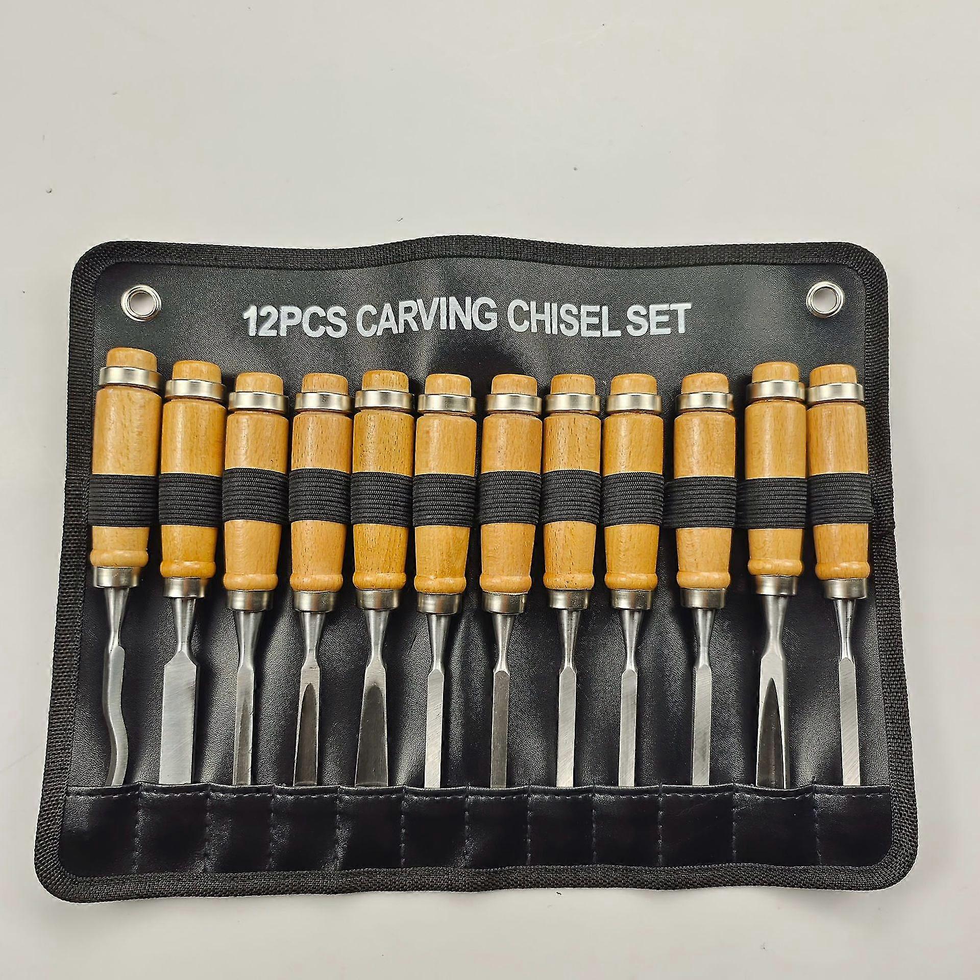 Carved Wood Hand Chisel Set, 12 in 1 Carpentry Gouges Tool, Wooden Handle, 195mm, L)