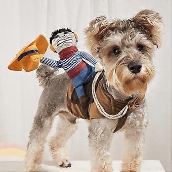 Funny Brown Cowboy Rider Pet Costume for Dogs and Cats, Halloween Outfit with Attached Cowboy Doll